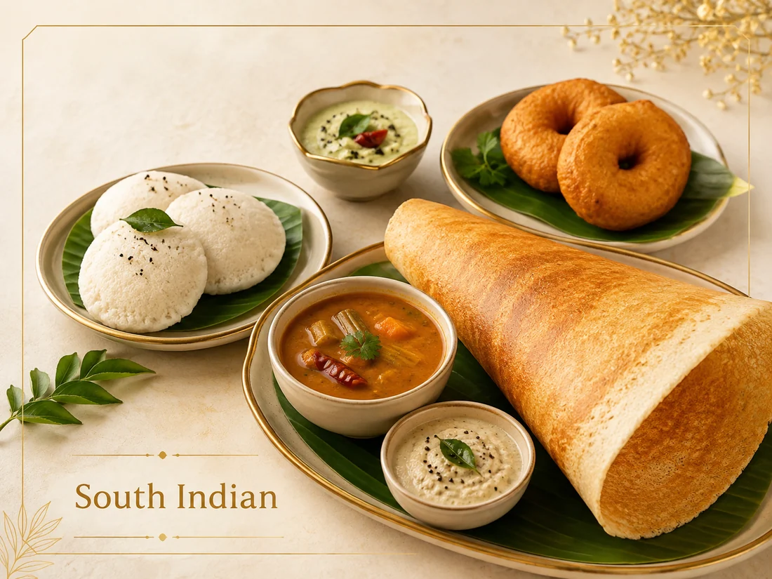 South Indian vegetarian cuisine with dosa, idli, vada, sambar and chutneys